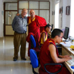 Gene Smith and Ven. Matthieu Ricard with monks inputting texts at Shechen Monastery, Nepal.